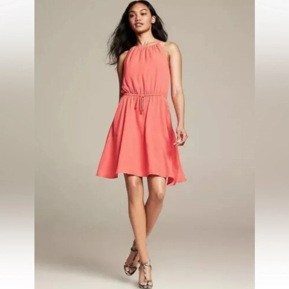 Banana Republic A Line Halter Solid Coral Cinch Waist Dress Capri Sz  2 summer